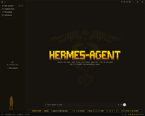 Hermes Desktop with the Classic Gold theme: a dark window with a dotted gold caduceus behind a pixel HERMES-AGENT wordmark, a small pixel pet in the corner, and a gold telemetry tape above the task box with the model, provider, tokens, speed, cost, VRAM, and RAM.