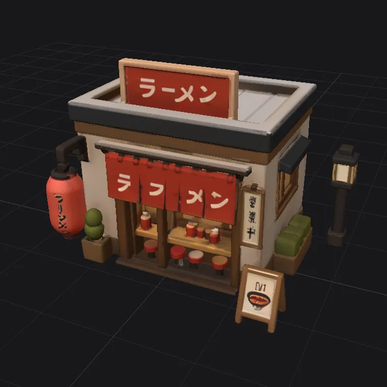 Output: the generated 3D model of the ramen shop with PBR textures, on a dark grid in Modly's viewport.